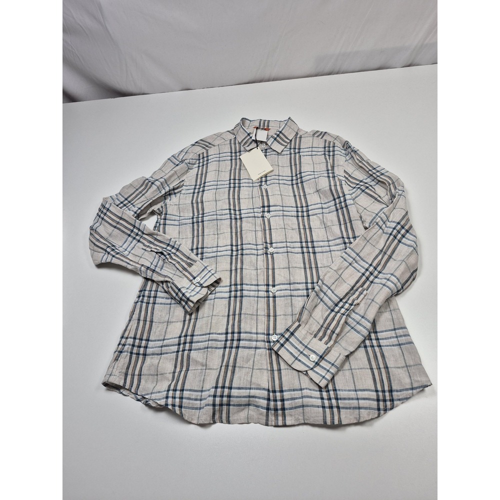 Barena Venezia Shirt Mens 54 Beige Plaid Linen Button Up Long Sleeve Made Italy